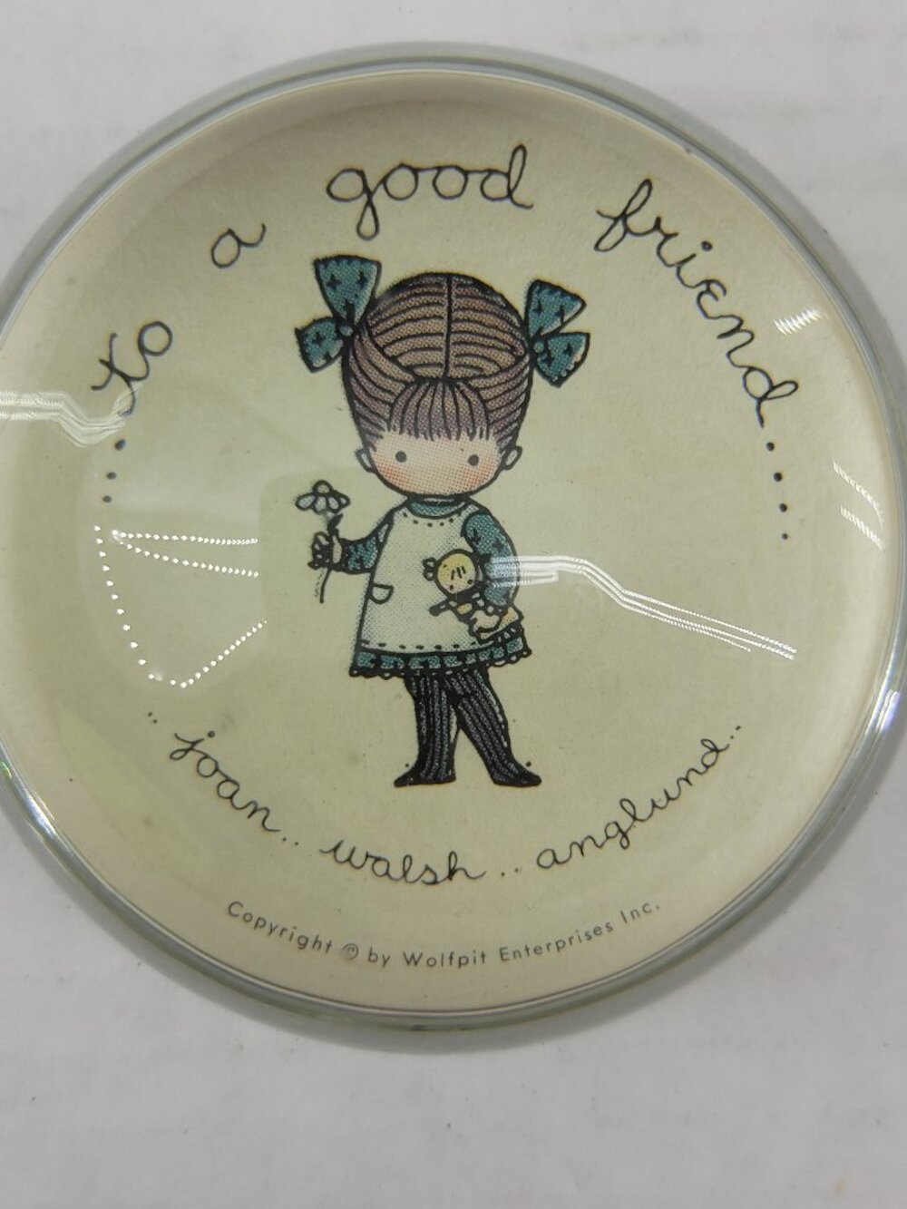 Vintage Paperweight A Good Friend Joan Walsh Anglund Round Dome Glass 60s 70s
